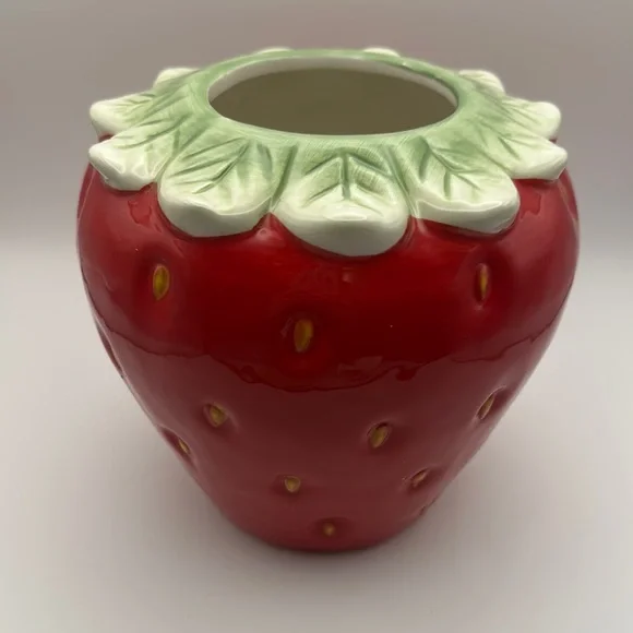 Strawberry Ceramic Planter - Red and Green - Picture 3 of 6